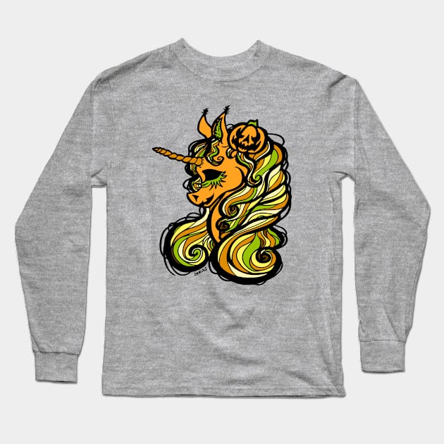 Jack-O-Lantern Unicorn Long Sleeve T-Shirt by Jan Grackle